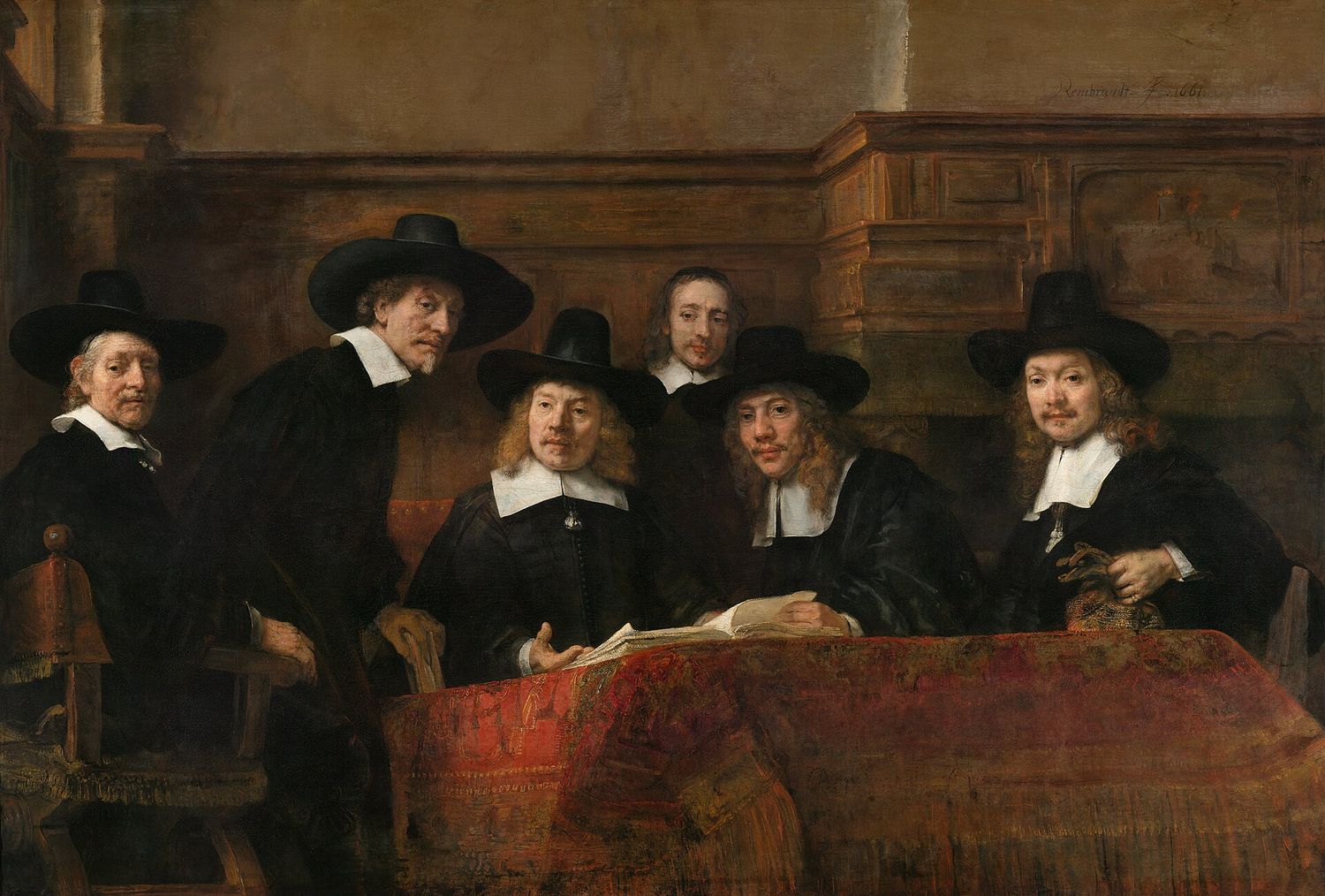 Rembrandt, The Syndics of the Drapers' Guild, 1662. Six officials around a table, looking up from a ledger.
